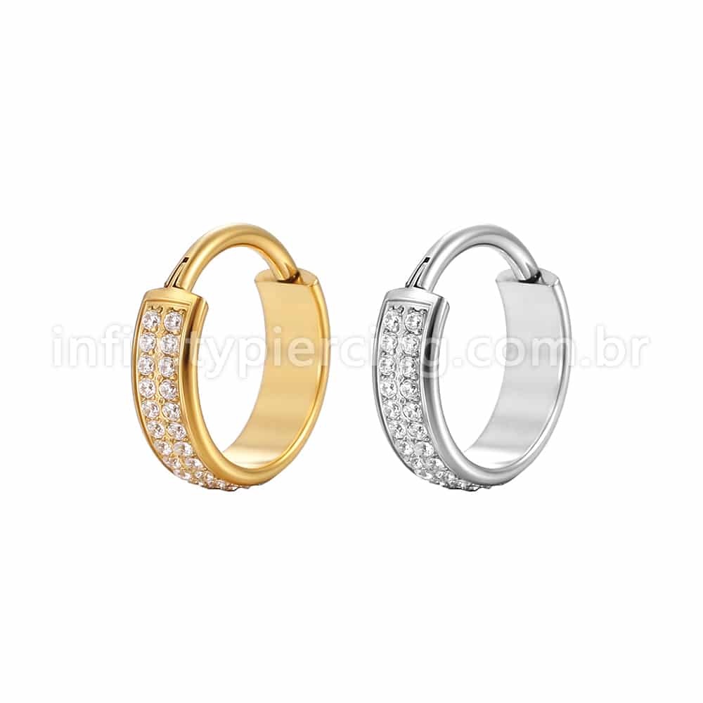 Piercing Argola Aço Cirúrgico Segmento Articulado 2 Fileiras Zircônia Cravejada